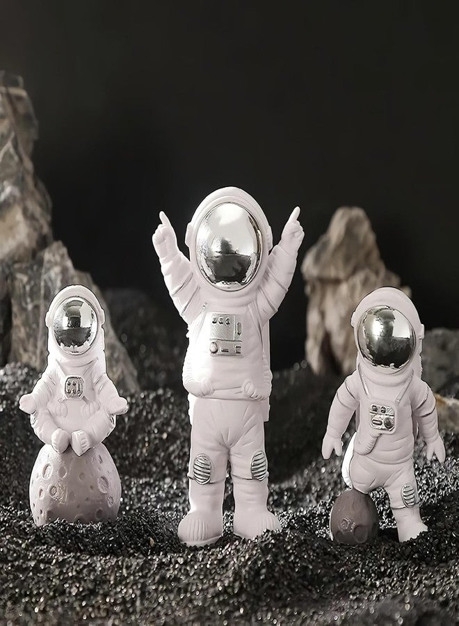 REWOP Astronaut Figurine Set of 3 - Cute Space Theme Desk Decor, Moon Surface Resin Statues for Home, Office, Car Dashboard, Gift for Kids & Space Lovers (Silver) - Image 2